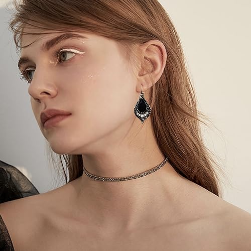 Unique Bohemian Vintage Sparkly Crystal Colorful Round Flower leverback earrings Boho Retro Bronze Circle Beaded Flower Floral Dangle Drop Earrings for Women - color: Black 12
