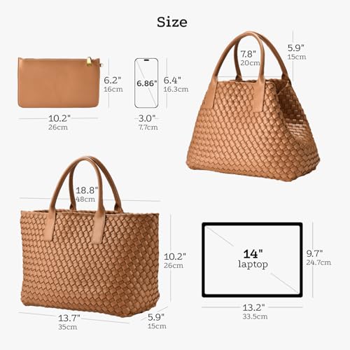 Woven Tote Bag for women,Vegan Leather Woven Satchel Handbag,Shoulder bag with Pouch,Hobo bag fits13-14” laptops - color: Khaki