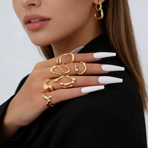 Chunky Gold Rings Set for Women Stackable Statement Ring Sets Non Tarnish Adjustable Open Knuckle Rings Irregular Gold Jewelry Set Trendy Prom Outfits Accessories - color: gold1