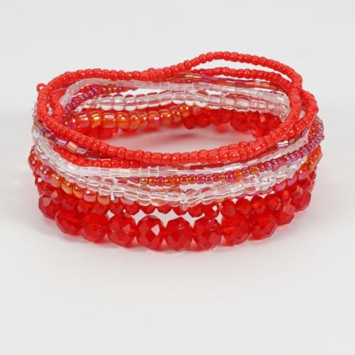 Caiyao Bohemian Multilayer Stackable Seed Beaded Bracelets Colorful Crystal Glass Beads Strand Bangle Bracelet BFF Wristbands Bracelet for Women Summer Beach Hawaii Jewelry Birthday Gifts - color: Red 1