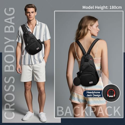 Convertible Sling Bag with Coin Pocket, 7.9" Tablet Crossbody Mini Backpack with Headphone Jack Casual Pack for Women Men Travel, Black - color: Black, size: Small
