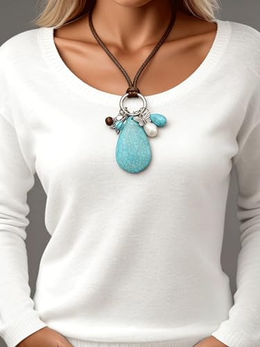 PU Leather Necklace Vintage Boho Style Multilayer Pendant Long Sweater Necklace Jewelry for Women Men with Adjustable Leather Cord - color: Drop Turquoise Ring Necklace