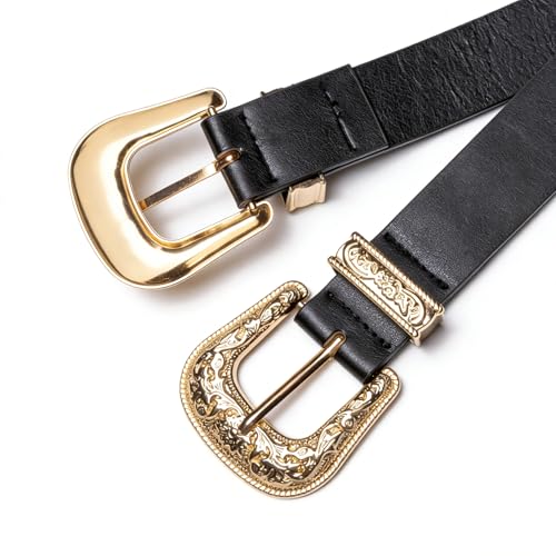 Dubulle Womens Belt Chain Leather Belts Vintage Western Adjustable Elastic Double Buckle for Cowboy Pant Dress - color: Gold Black