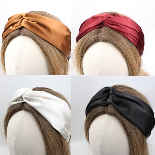 4 Pack Wide Knotted Headbands Satin Cross Knot Headbands Fashion Hair Bands-Solid Colors - color: Solid Color