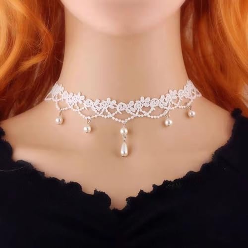 Boho Flower Pearl Lace Choker Necklace Waterdrop Pendant Necklace Choker Vintage Teardrop Clavicle Necklace Dainty Neck Chain for Bridemaids Wedding - color: white