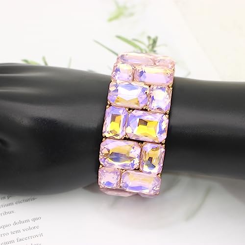 Women’s Wedding Bridal Crystal Leaf Flower Stretch Bangle Elastic Wide Bracelet Jewelry for Brides Bridesmaid - color: Style2-Violet-Gold Plated
