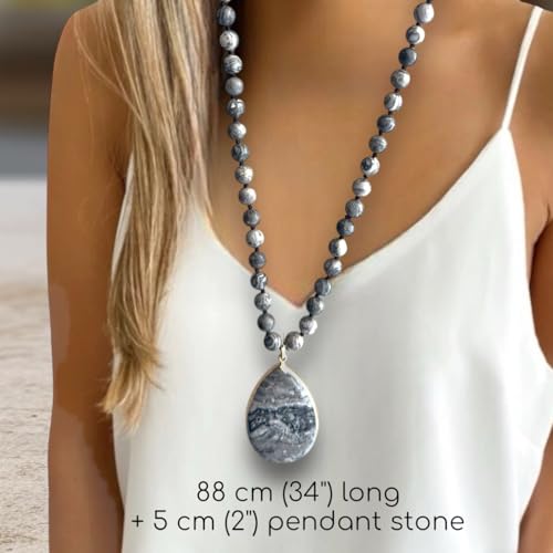 Long Genuine Stone beads and Pendant Necklace for Woman. Hand Knotted natural stone beads with big non-precious stone statement necklace. HANDMADE Boho Jewelry for women. - color: Grey