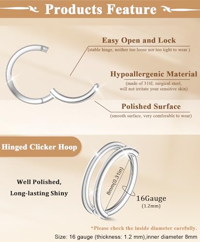 Small Cartilage Double/Triple-Hoop Helix Conch Piercing Earrings With Cubic Zirconia For Women Trendy 14K Gold Plated Titanium Surgical Stainless Steel Sets Nose Rings Hoops Septum Rings - color: Silver, style: A-4Pairs-16Gauge-Double hoop