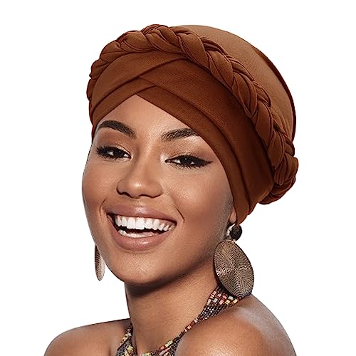 African Women Turban Caps Pre-Tied Twisted Turbans Head Scarf for Women Hair Wraps Cover Beanie Cancer Chemo Headwear - color: 1 Pack Twisted Braid A: Coffee