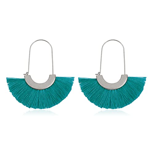 Bohemian Silky Thread Tassel Strand Fringe Statement Hoop Earrings - Lightweight Semi Circle Fan Threader, Mermaid Hoops - color: Fan Tassel Threader - Matte Silver Turquoise