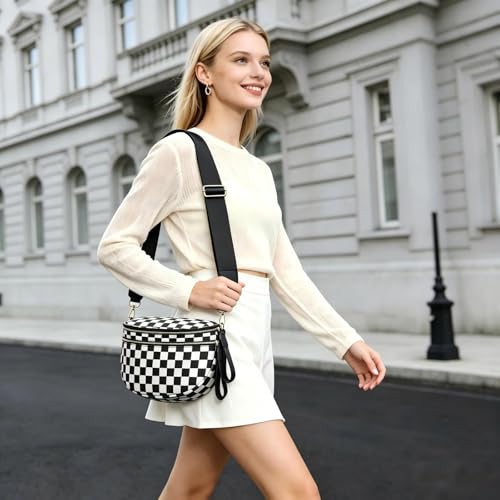 Checkered Crossbody Bag for Women Bum Bag Spacious Nylon Fanny Packs Cross Body Shoulder Purses Bag Handbags - color: Black Checkered