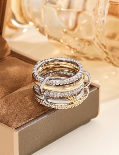 Statement Rings for Women, 18k Gold Plated Stackable Cubic Zirconia Rings, Silver Gold Multi Ring Mixed Metals Stackable Ring Set for Women Non Tarnish - size: 8