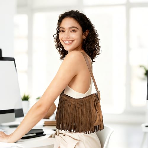 Fringe Shoulder Bag for Women Underarm Suede Western Hobo Purses and Handbags Trendy Crossbody Purse with Tassel - color: Brown