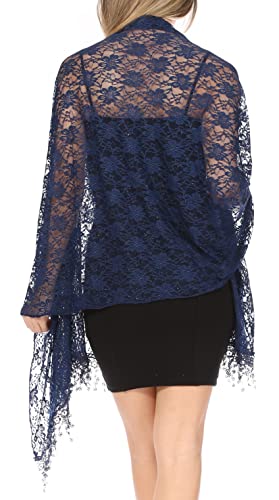 Sakkas Mari Women's Large Lightweight Soft Lace Scarf Wrap Shawl Floral and Fringe - color: Style2-navy