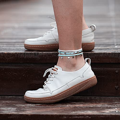 FANCY SHINY String Ankle Bracelets Waterproof Rope Anklets Braided Beach Boho Coin Anklets Cute Friendship Foot Jewelry for Women - style: White/Teal