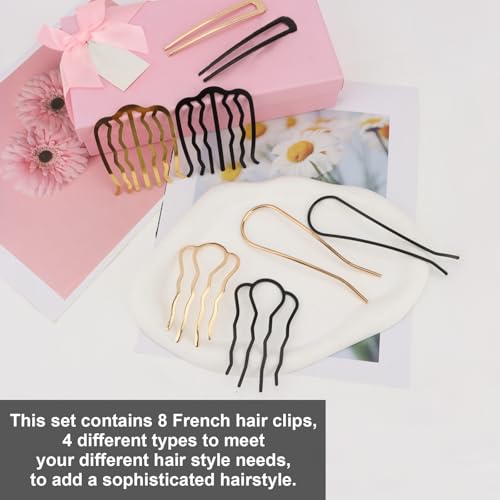 French Hair Pin, 8 PCS Hair Pins for Women Metal Hair Side Combs, French Pins Hair, U Shaped Hair Pins for Buns Updos, French Pins Hair Stick Pin Hair Combs for Styling Hairpin Hair Accessories - color: Black&Gold