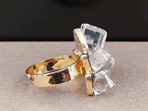Hebelee Boho Square Crystal Statement Ring for Women Gold-Toned Adjustable Expandable Promise Engagement Geometric Rings Comfort Fit Elegant Art Deco Birthday Christmas Cocktail Party Y2K Jewelry - color: White