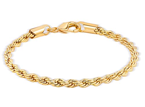Barzel 18K Gold Plated Rope Chain Bracelet - Made In Brazil - color: 4MM, size: 7.5 Inches
