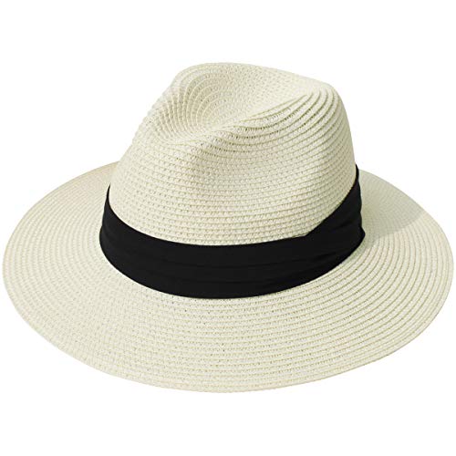 Lanzom Women Wide Brim Straw Panama Roll up Hat Fedora Beach Sun Hat UPF50+ - color: 02-fold Belt Beige, size: One Size-Small