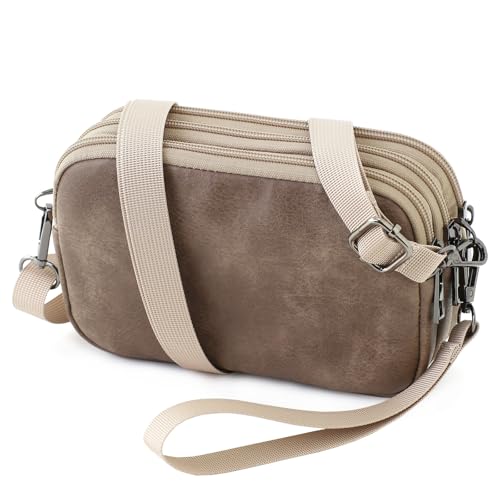 Small Wristlet Wallet for Women, 3-Zip Crossbody Phone Purse - color: Taupe/Shatteredpvc