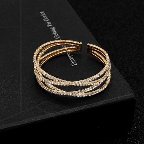 Women's Multi-Layer Rhinestone Cuff Bracelet Sparkling Crystal Tennis Bangle for Bridal Wedding Party - color: 1221 Gold