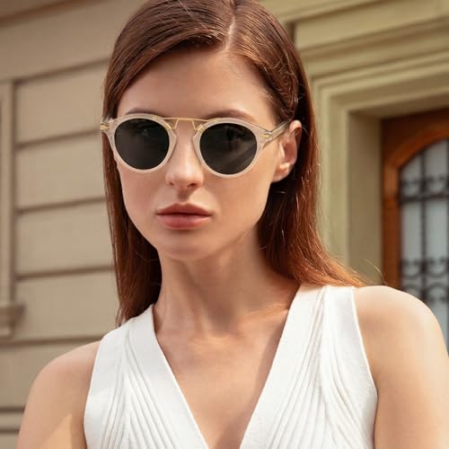 CARFIA Double Bridge Small Acetate Sunglasses for Women Polarized, Retro Metal Brow Ladies Sunnies Fashion Round Eyewears - color: 4. Transparent Frame Gradient Grey Lens