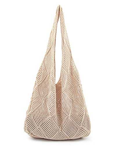 Crochet Mesh Beach Tote Shoulder Handbags Hobo Summer Aesthetic Women's Bag - color: Beige