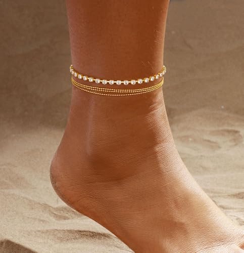 2/3 PCS Gold Anklets for Women Waterproof Cuban Link Anklet Beaded Bracelets Stackable Bracelets 14K Gold Plated Custom Jewelry Gifts Non Tarnish Lightweight - style: Gold Anklet 10