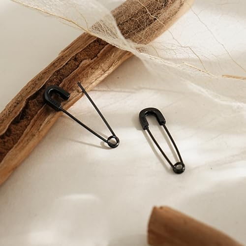 CHIC & ARTSY 925 Sterling Silver Safety Pin Earrings - Lightweight Comfortable Punk Paperclip Cartilage Hoop Earrings, Trendy Industrial Style Jewellery for Women and Men - color: Black-#1