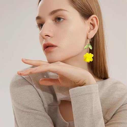 Resin Flower Cluster Ball Dangle Drop Earrings for Women Spring Summer Bohemian Floral Petal with Green Leaf Earrings Vacation Party Jewelry - color: Yellow