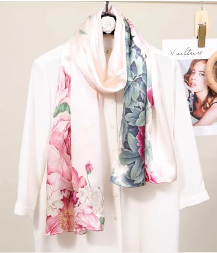 ANDANTINO 100% Silk Long Scarf-Women Large Oblong Shawls with Gift Packed - color: Pale Pink Flowers