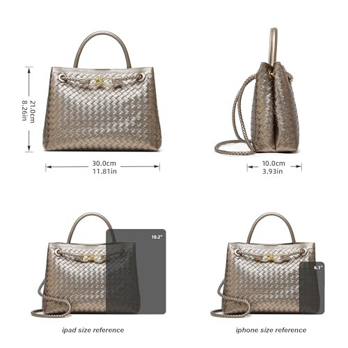 Woven Tote Bag Womens Purse: Vegan Leather Shoulder Handbags - Fashion Summer Beach Tote Bags - Large Travel Totes - color: A7 Medium Light Copper and Silver