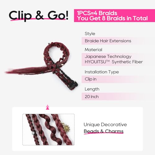 REECHO Clip in Braid Hair Extensions for Women, 20" Boho Dreadlock Clip in Braids with Beads & Charms, 2PCS Handmade Synthetic Braided Hairpieces for Cosplay Daily Styling, Burgundy & White - color: Burgundy & White, size: 20 Inch