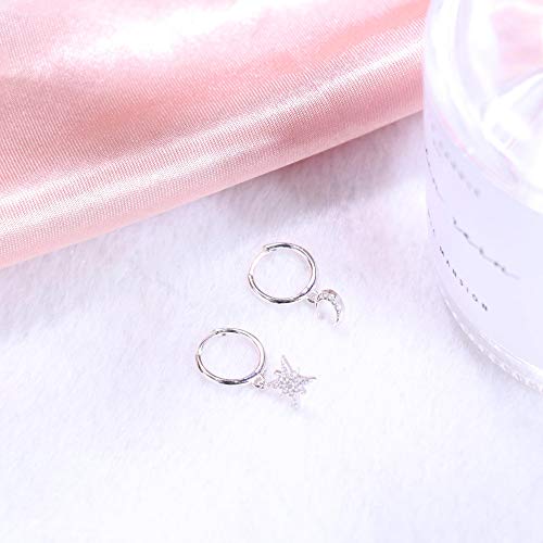 MILACOLATO 925 Sterling Silver Hoop Earrings for Women 18K Gold/Rhodium Plated Drop Dangle Hoop Earrings with Charms Cross Spike Moon Star Paperclip Link Statement Earrings Convertible Link Huggie Earrings Hypoallergenic - color: Silver Tone : 1Pairs CZ S