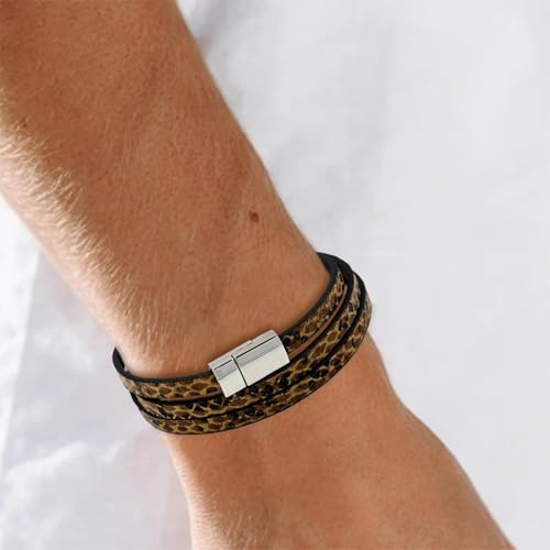 Long tiantian Leather Wrap Bracelet for Men Vintage Brown Leather Cuff Bracelet Adjustable Minimalist Western Style Wristband Casual Fashion Jewelry Gift for Him - color: leopard