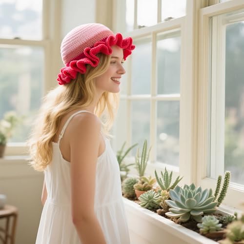 Handmade Crochet Bucket Hat for Women Boho Chic Slouchy Design Colorblock Ruffled Brim Festival&Daily Crochet Hat - color: Fuchsia Pink Contrasting