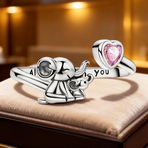 PARCOM Adjustable Women Stackable Ring, 925 Sterling Silver Open Rings - Trendy Eternity Cubic Zirconia Stackable Band Engagement Promise Ring for Her, Hypoallergenic Non Tarnish Nature Bird Floral Thumb Rings - color: Enchanted Elephant Heart
