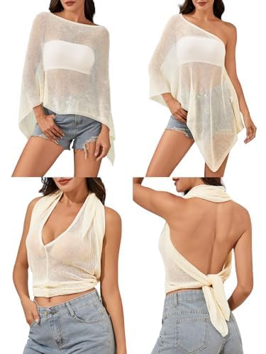 Off The Shoulder Sheer Crochet Vacation Outfits Poncho Sweater Top Summer Beach Cover Up - color: Beige, size: XX-Small