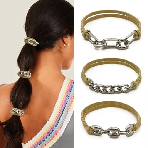 Hair Tie Bracelet, Cute Elastic Ponytail Holders Hair ties with Silver Jewelry for Girls Women Blonde Pony tails Hair Ties for Gifts (Khaqi with Silver) - color: Khaqi-05