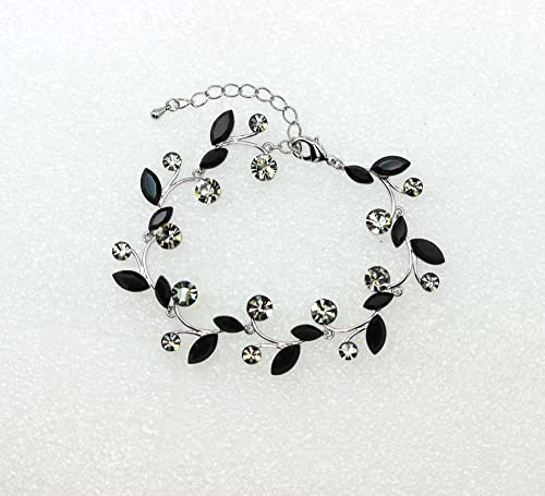 Faship Gorgeous Rhinestone Crystal Floral Necklace Earrings Set - color: Black / Matching Bracelet