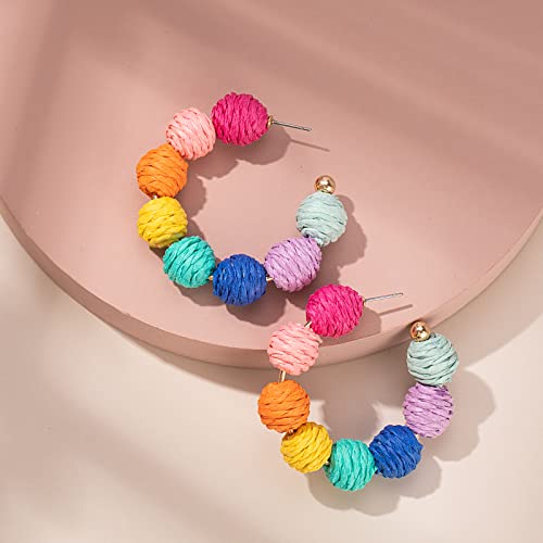 Raffia Hoop Earrings Statement Boho Beaded Earrings Cute Rattan Handmade Colorful Jewelry for Women Unique Summer Outfits - color: Rainbow