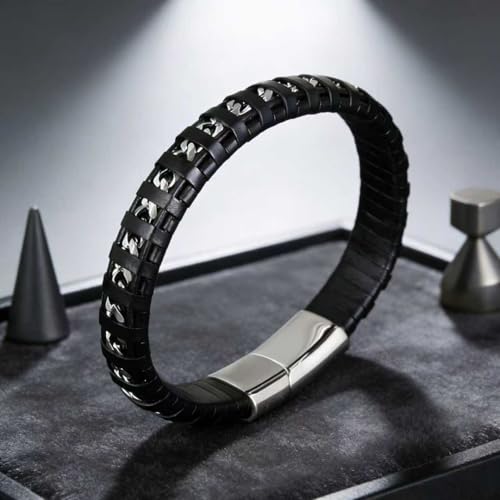 Men's Leather Bracelet, Stackable Stainless Steel Clasp Bracelets for Men Stylish Birthday, Thanksgiving, Valentine's Day Gift for My Man - style: 8.6" Embedded Cuban Chain