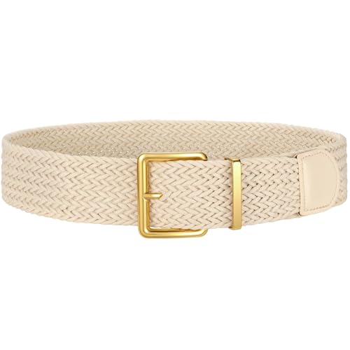 WHIPPY Women Wide Woven Belt Fashion Boho Rattan Braided Belt with Gold Buckle Raffia Straw Woven Waistband for Dresses - color: Light Beige, size: Fit Waist Size 35"-39"