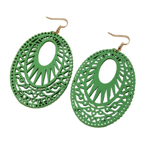 Boho Wooden Cutout Dangle Earrings for Women Bohemian Teardrop Oval Hollow Floral Pattern Drop Earrings Colorful Lightweight Statement Party Jewelry - color: Green