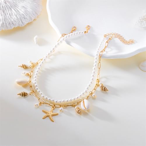 Boho Multi-layered Shell Starfish Necklace Layered Pearl Pendant Choker Necklace Fashionable Clavicle Chain Necklace Seaside Beach Vacation Jewelry for Women - color: Starfish1