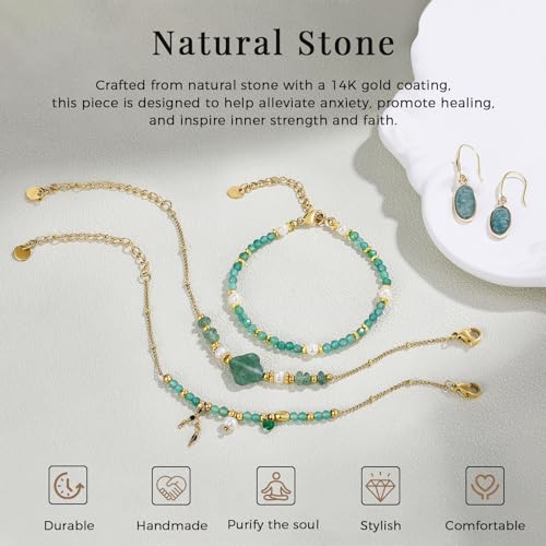 Beaded Bracelets Set for Women Stackable Healing Layered Bracelets Stack 3PCS Aquamarine Gemstone Crystal Dainty Boho Summer Jewelry for Women Natural Stone 14k Gold Plated - color: Green Strawberry Crystals