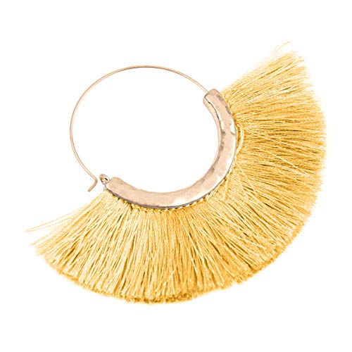 Bohemian Silky Thread Tassel Strand Fringe Statement Hoop Earrings - Lightweight Semi Circle Fan Threader, Mermaid Hoops - color: Halfmoon Tassel Hoops - Mustard