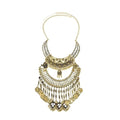 Vintage Gold Gypsy Bib Necklace, Multi-Layer Moon Pendant with Long Tassel, Afghan Ethnic Choker
