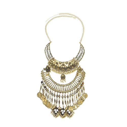 Vintage Gold Gypsy Bib Necklace, Multi-Layer Moon Pendant with Long Tassel, Afghan Ethnic Choker
