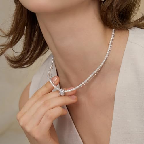 ARSIS 18K Gold Plated Shell Pearl Necklace for Women, 35"/45" Long Dainty Pearl Layering Necklace Beaded Choker, Vintage Boho Strand Necklace Vacation Jewelry Gift for Birthday Anniversary Party - color: Silver Ring Pendant